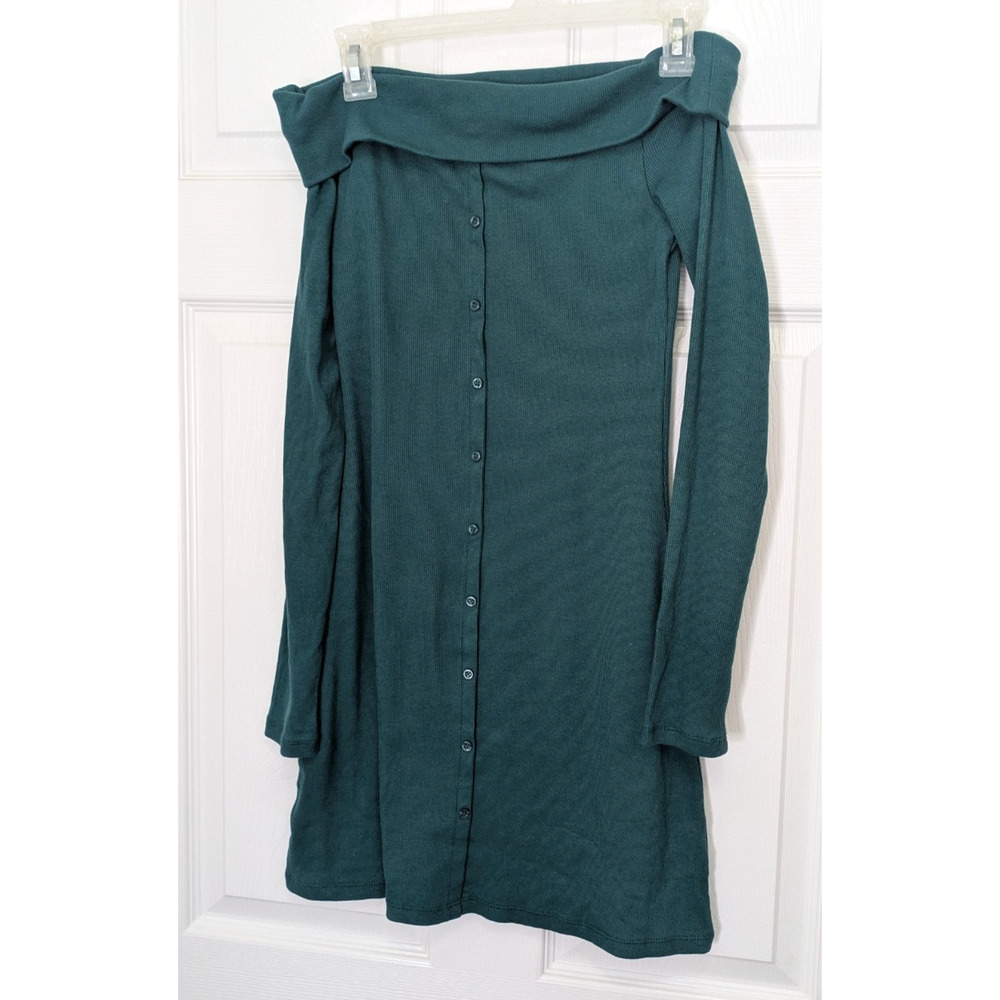 Long Sleeve Off Shoulder Dress Faux Button Down Green Size XS